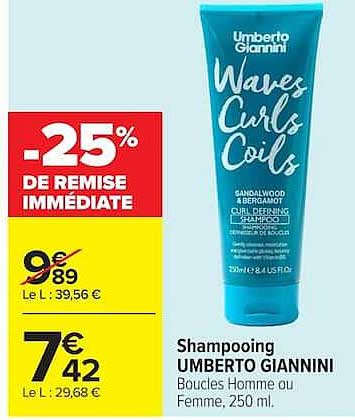 Shampooing UMBERTO GIANNINI Boucles Homme ou Femme, 250 ml.