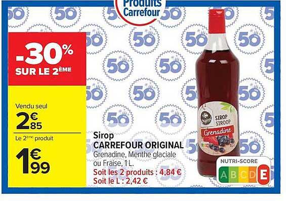 Sirop CARREFOUR ORIGINAL Grenadine, Menthe glaciale ou Fraise, 1 L.
