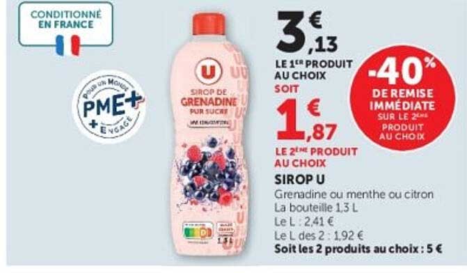 SIROP U Grenadine ou menthe ou citron