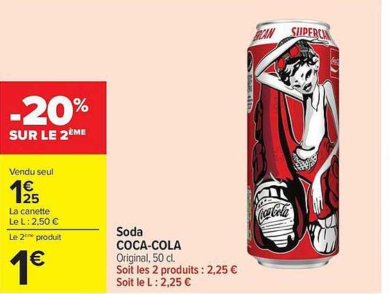 Soda COCA-COLA Original, 50 cl. Soit les 2 produits : 2,25 € Soit le L : 2,25 €