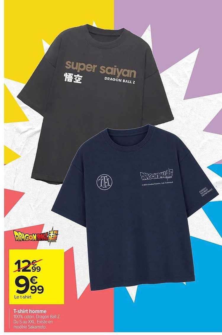 T-shirt homme 100% coton, Dragon Ball Z, du S au XXL. Existe en modèle Sakamoto.