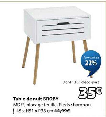 Table de nuit BROBY MDF4, placage feuille. Pieds : bambou. L45 x H51 x P38 cm