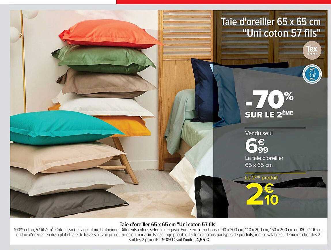Taie d'oreiller 65 x 65 cm "Uni coton 57 fils"