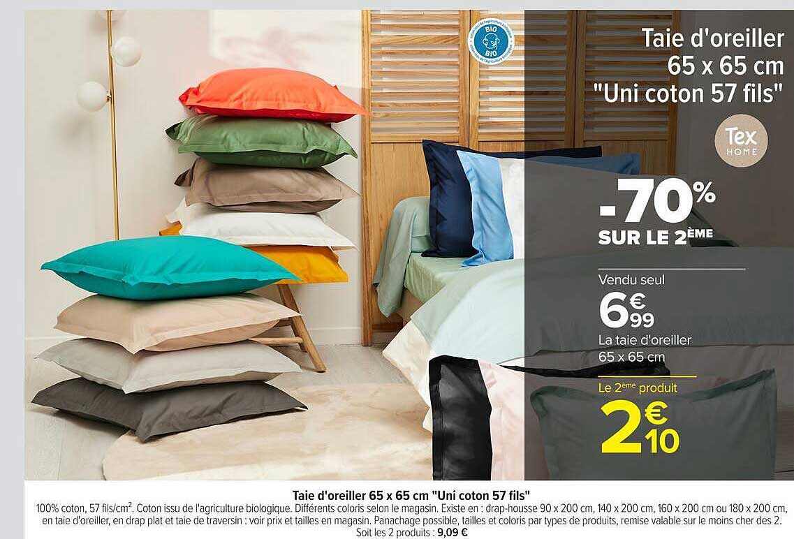 Taie d'oreiller 65 x 65 cm "Uni coton 57 fils"