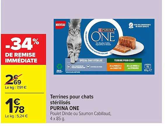 Terrines pour chats stérilisés PURINA ONE Poulet Dinde ou Saumon Cabillaud, 4 x 85 g