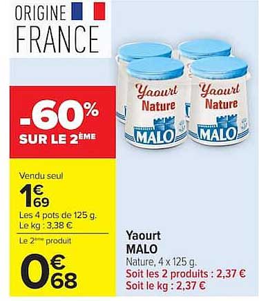 Yaourt MALO Nature, 4 x 125 g