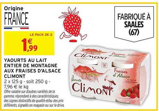 YAOURTS AU LAIT ENTIER DE MONTAGNE AUX FRAISES D'ALSACE CLIMONT
