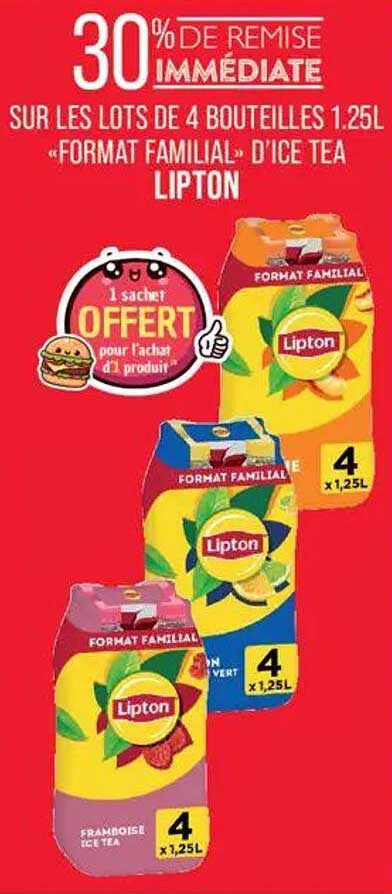 30% de remise immédiate sur les lots de 4 bouteilles 1.25L « Format Familial » d'Ice Tea Lipton