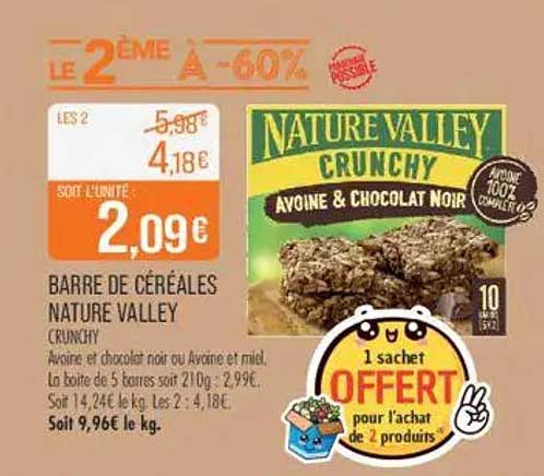 BARRE DE CÉRÉALES NATURE VALLEY CRUNCHY AVOINE ET CHOCOLAT NOIR