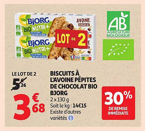 BISCUITS À L’AVOINE PÉPITES DE CHOCOLAT BIO BJORG