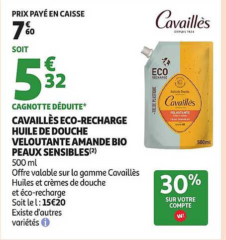 CAVAILLÈS ECO-RECHARGE HUILE DE DOUCHE VELOUTANTE AMANDE BIO PEAUX SENSIBLES
