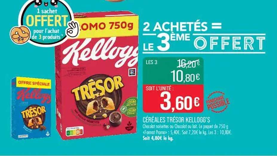 Céréales Trésor Kellogg's : 2achetés = le 3ème offert
