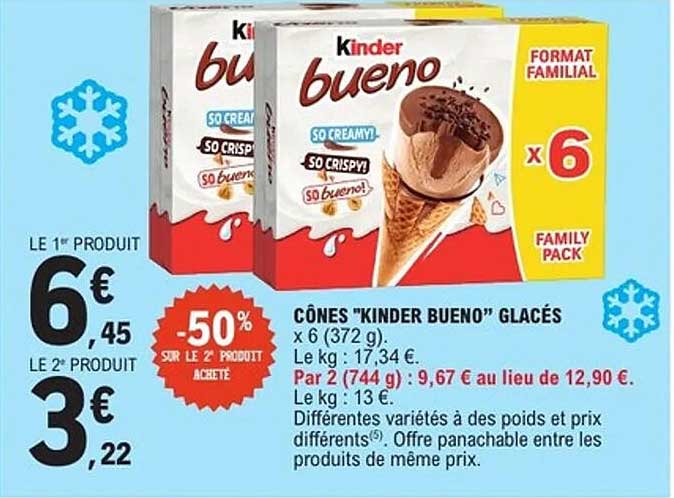 CÔNES "KINDER BUENO" GLACÉS x 6 (372 g)