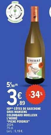 IGP CÔTES DE GASCOGNE GROS MANSENG COLOMBARD MOELLEUX L'HERRE "PICHE PERDRIX"