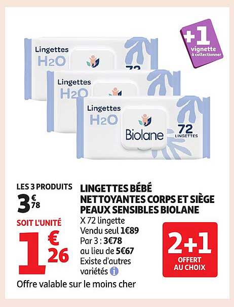 LINGETTES BÉBÉ NETTOYANTES CORPS ET SIÈGE PEAUX SENSIBLES BIOLANE