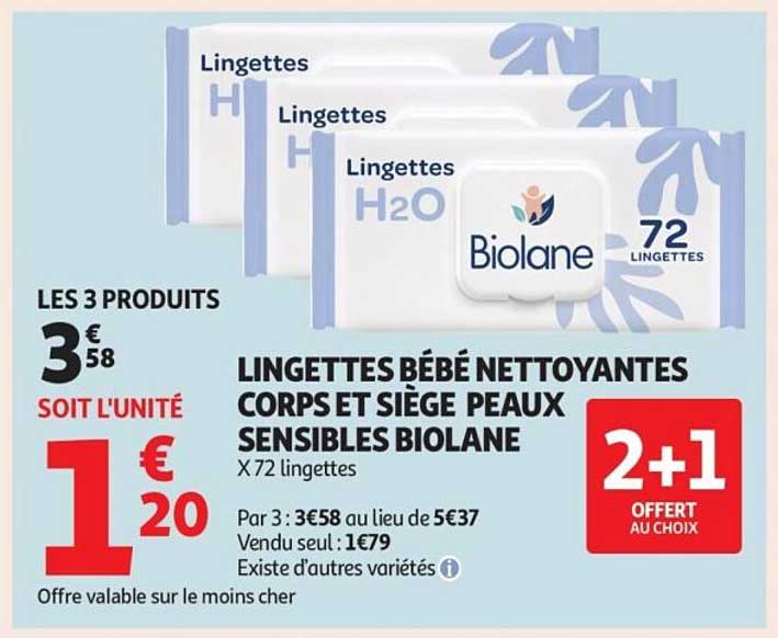 LINGETTES BÉBÉ NETTOYANTES CORPS ET SIÈGE PEAUX SENSIBLES BIOLANE