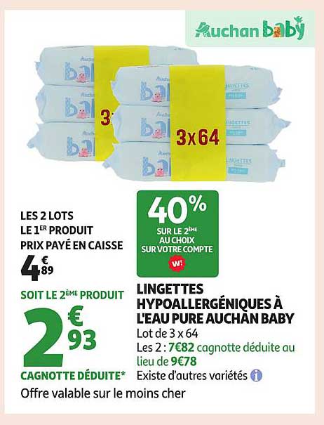 LINGETTES HYPOALLERGÉNIQUES À L'EAU PURE AUCHAN BABY