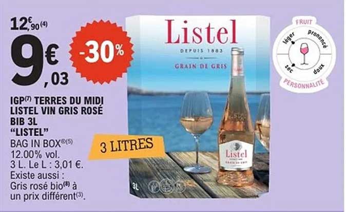 Liste de l’offre : IGP Terres du Midi Listel Vin Gris Rosé Bib 3L