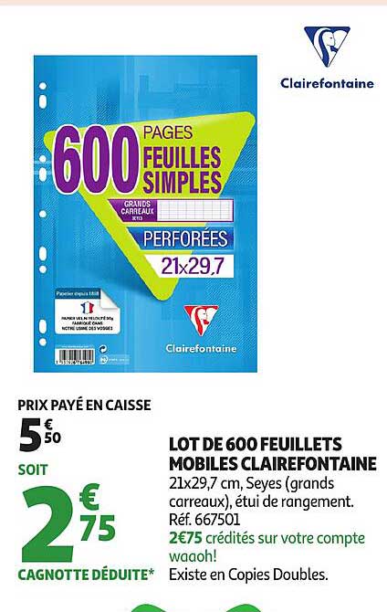 LOT DE 600 FEUILLETS MOBILES CLAIREFONTAINE