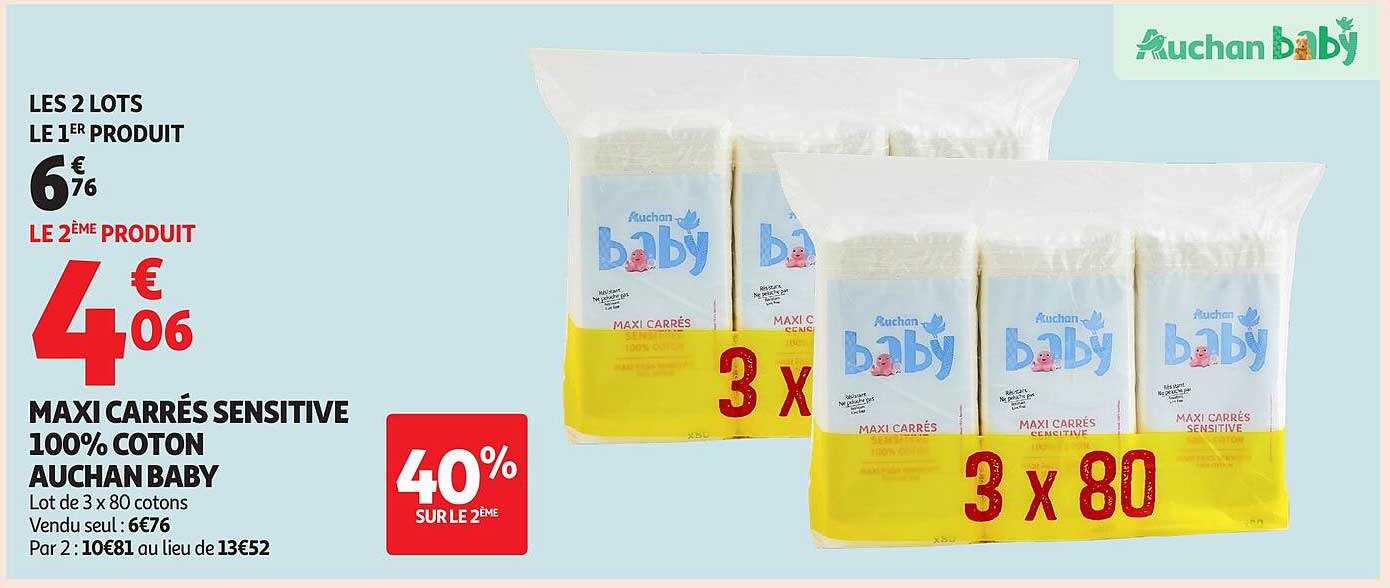 MAXI CARRÉS SENSITIVE 100% COTON AUCHAN BABY