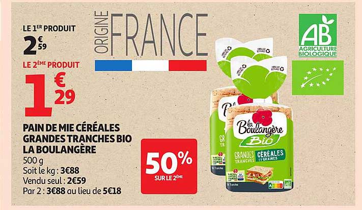 PAIN DE MIE CÉRÉALES GRANDES TRANCHES BIO LA BOULANGÈRE