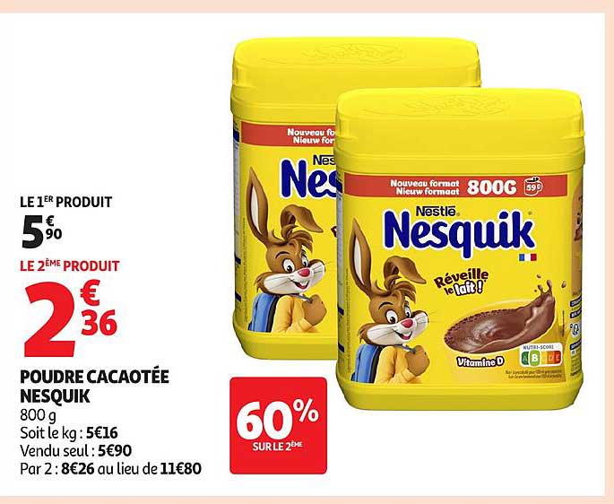 Poudre Cacaotée Nesquik 800 g - 60% sur le 2ème