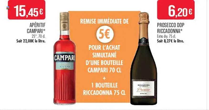 REMISE IMMEDIATE DE 5€ POUR L'ACHAT SIMULTANÉ D'UNE BOUTEILLE CAMPARI 70 CL + 1 BOUTEILLE RICCADONNA 75 CL