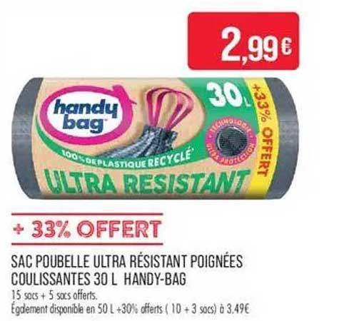 SAC POUBELLE ULTRA RÉSISTANT POIGNÉES COULISSANTES 30 L HANDY-BAG