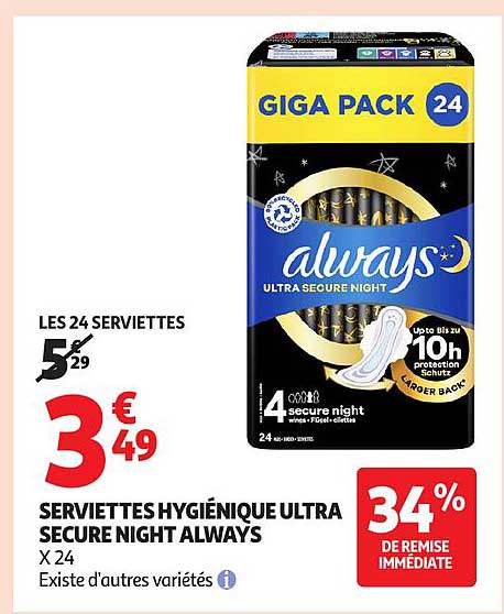 SERVIETTES HYGIÉNIQUE ULTRA SECURE NIGHT ALWAYS