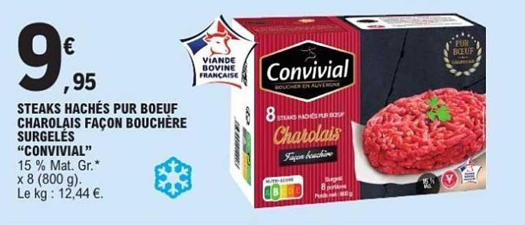 STEAKS HACHÉS PUR BOEUF CHAROLAIS FAÇON BOUCHÈRE SURGELÉS “CONVIVIAL”