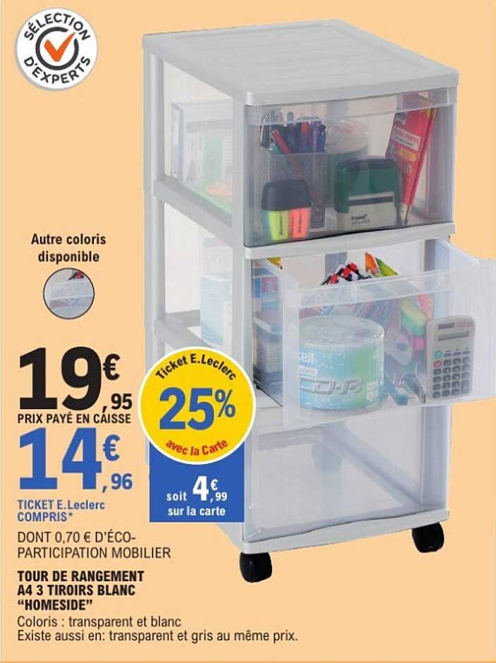 TOUR DE RANGEMENT A4 3 TIROIRS BLANC "HOMESIDE"
