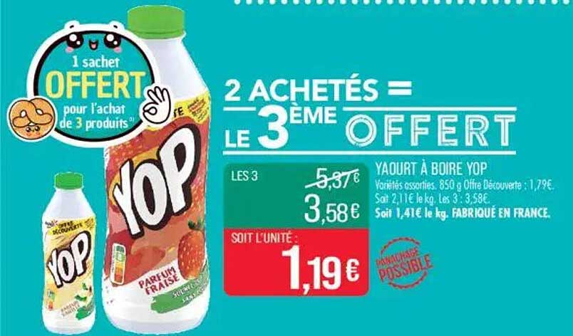 Yogourt à boire YOP - 2 achetés = le 3ème offert