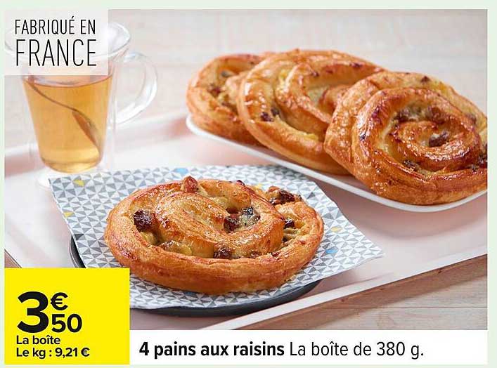 4 pains aux raisins La boîte de 380 g.
