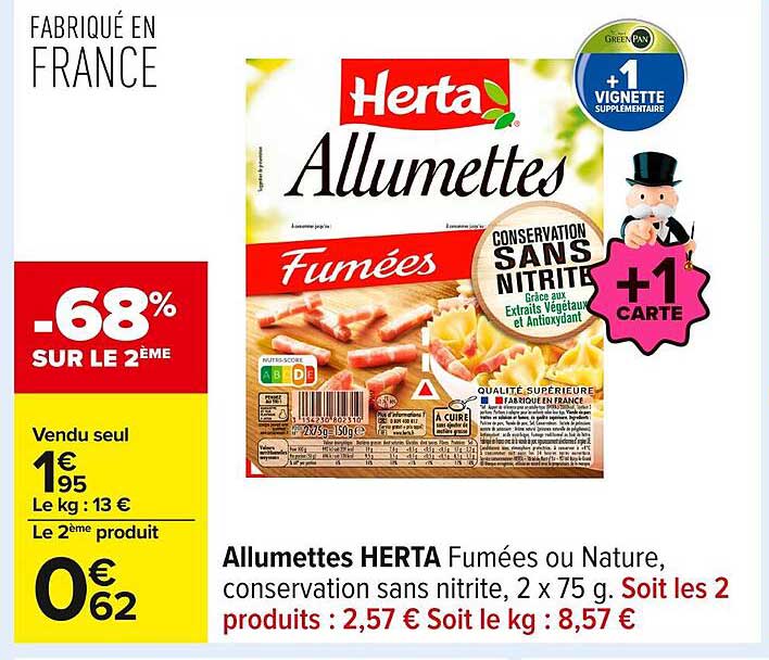 Allumettes HERTA Fumées ou Nature, conservation sans nitrite, 2 x 75 g