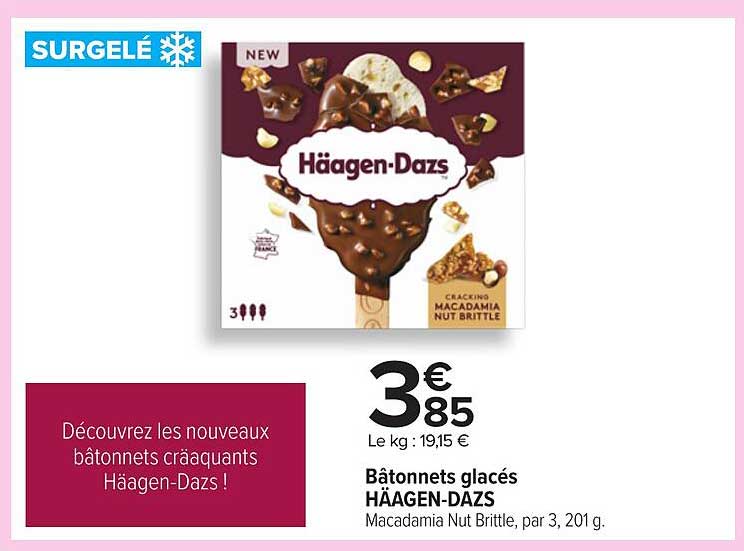 Bâtonnets glacés HÄAGEN-DAZS Macadamia Nut Brittle, par 3, 201 g.