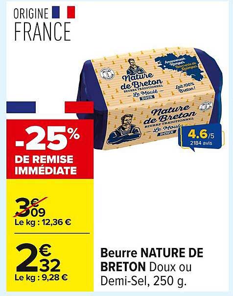 Beurre NATURE DE BRETON Doux ou Demi-Sel, 250 g