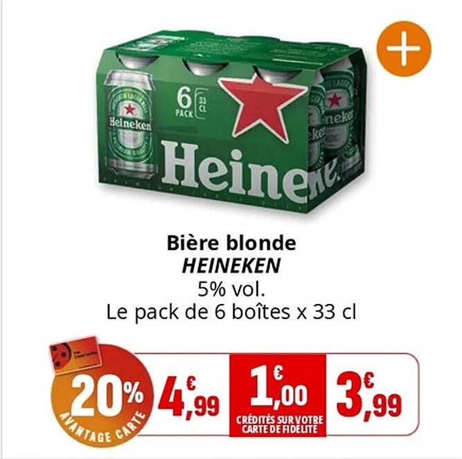 Bière blonde HEINEKEN 5% vol. Le pack de 6 boîtes x 33 cl