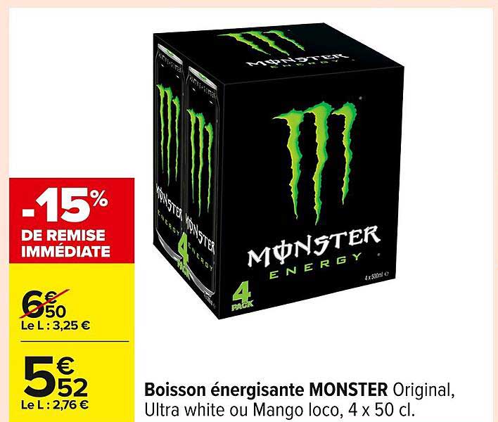 Boisson énergisante MONSTER Original, Ultra white ou Mango loco, 4 x 50 cl.