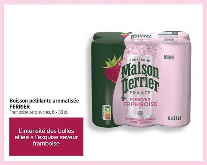 Boisson pétillante aromatisée PERRIER Framboise zéro sucres, 6 x 33 cl