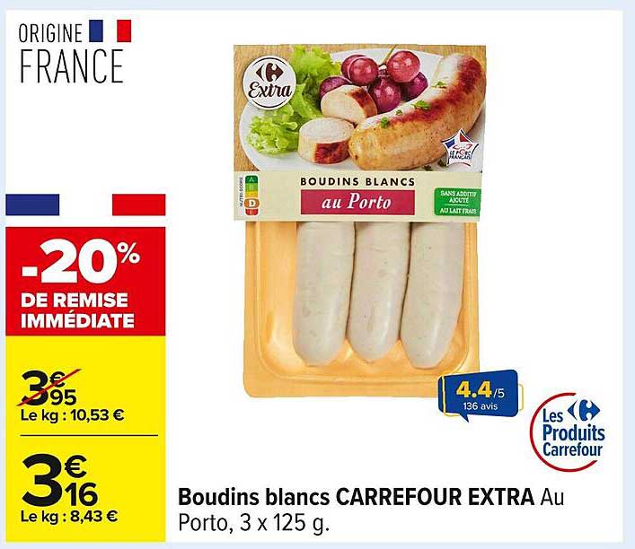 Boudins blancs CARREFOUR EXTRA Au Porto, 3 x 125 g