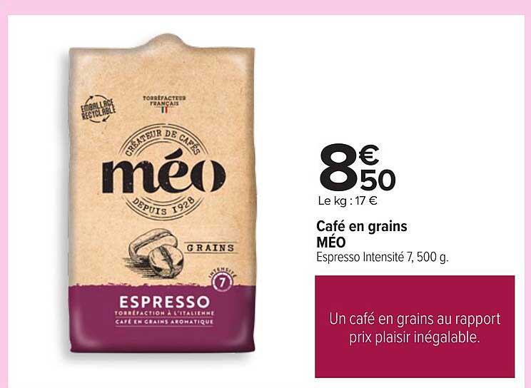 Café en grains MÉO Espresso Intensité 7, 500 g.