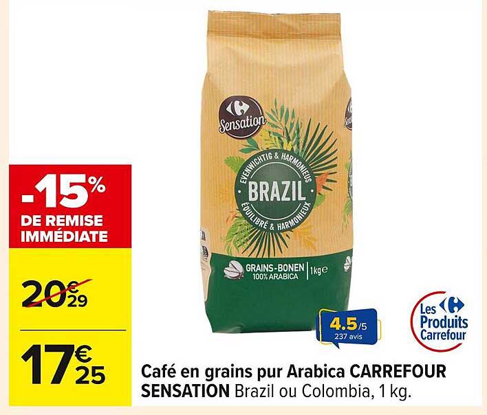 Café en grains pur Arabica CARREFOUR SENSATION Brazil ou Colombia, 1 kg.