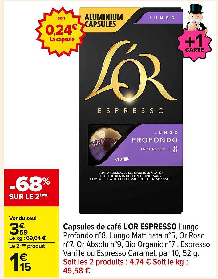 Capsules de café L'OR ESPRESSO Lungo Profondo n°8, Lungo Mattinata n°5, Or Rose n°7, Or Absolu n°9, Bio Organic n°7, Espresso Vanille ou Espresso Caramel