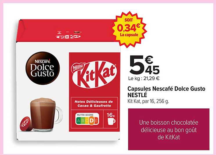 Capsules Nescafé Dolce Gusto NESTLÉ Kit Kat, par 16, 256 g.