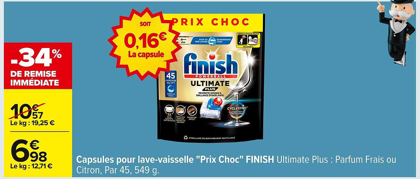 Capsules pour lave-vaisselle 'Prix Choc' FINISH Ultimate Plus : Parfum Frais ou Citron, Par 45, 549 g.