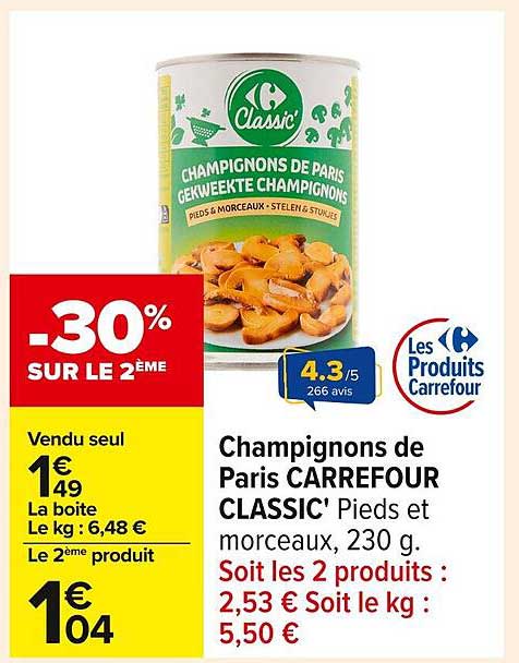 Champignons de Paris CARREFOUR CLASSIC' Pieds et morceaux, 230 g.