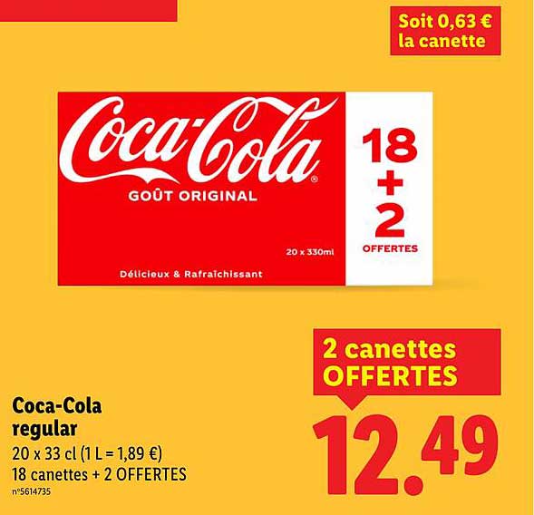 Coca-Cola régulier - 20 x 33 cl (18 + 2 CANETTES OFFERTES)