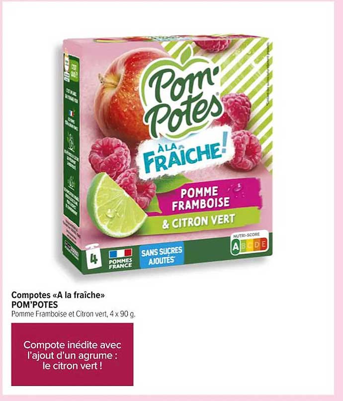 Compotes « À la fraîche » POM'POTES Pomme Framboise & Citron vert, 4 x 90 g.
