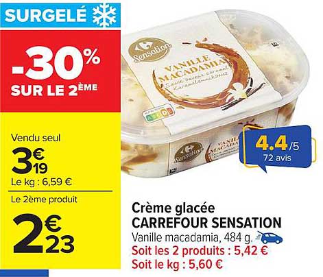 Crème glacée CARREFOUR SENSATION, Vanille macadamia, 484 g.