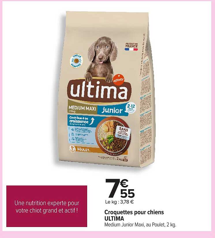 Croquettes pour chiens ULTIMA - Medium Junior Maxi, au Poulet, 2 kg.